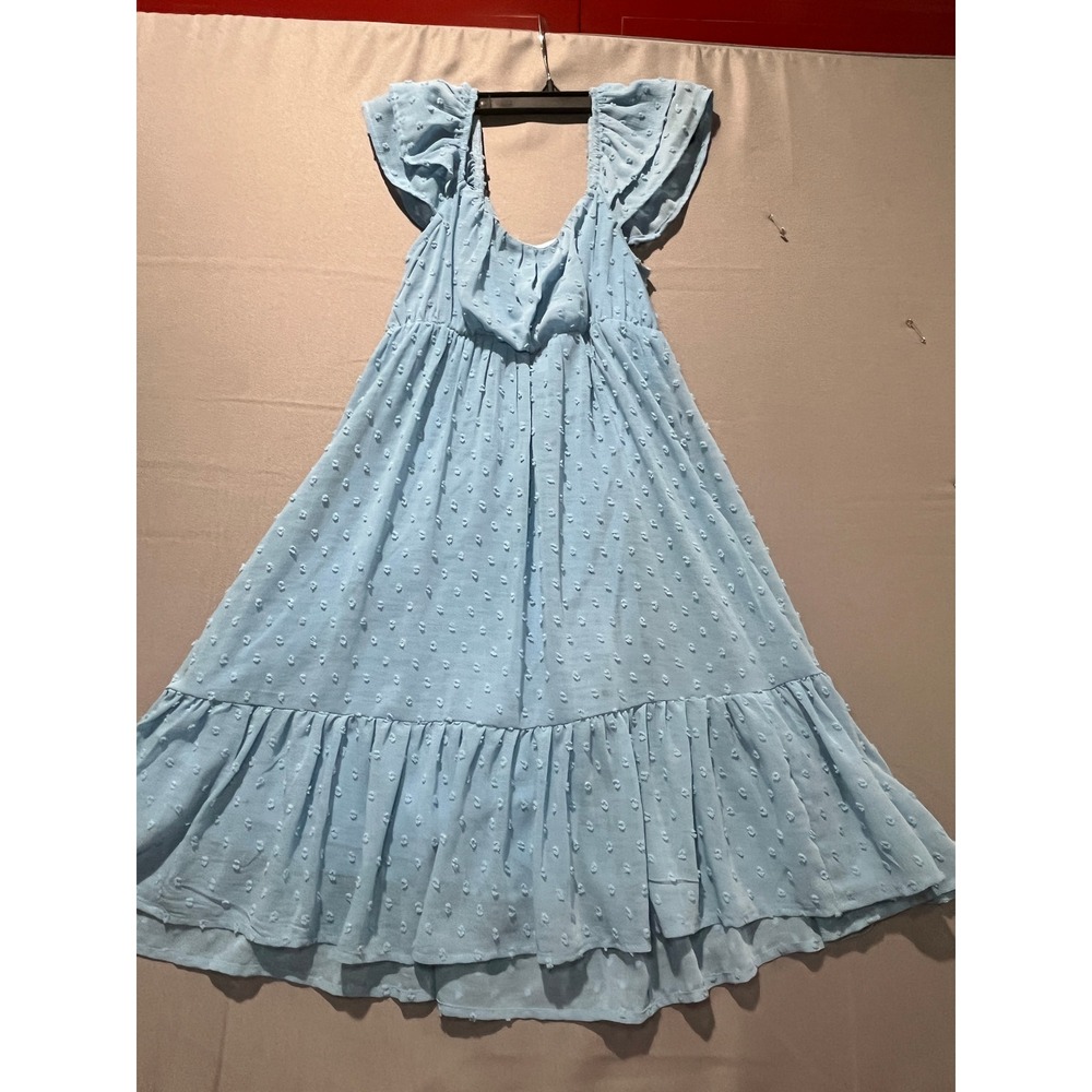 Light Blue Swiss Dot Flutter Sleeve Tiered Midi Dress XS Cottagecore Summer